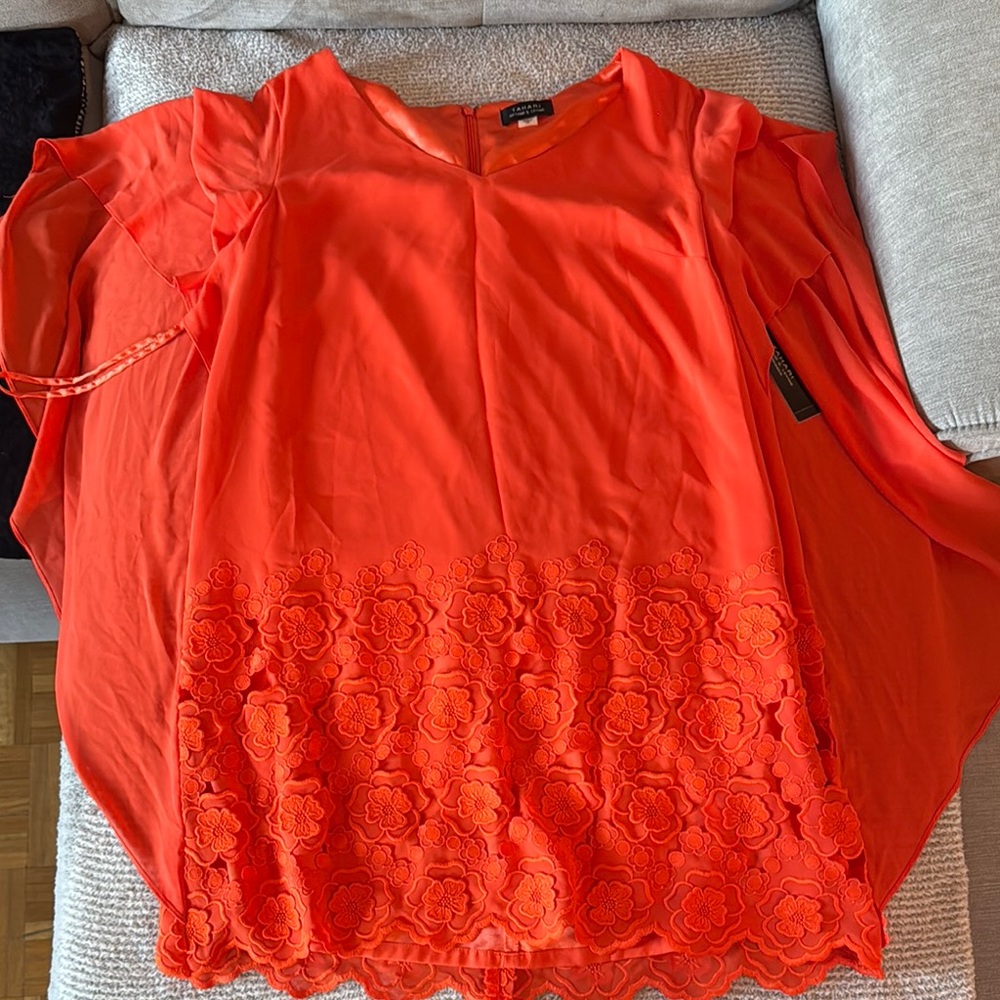 Tahari ASL NWT sz 14 Orange Flutter Sleeve Embroidered Cocktail Dress